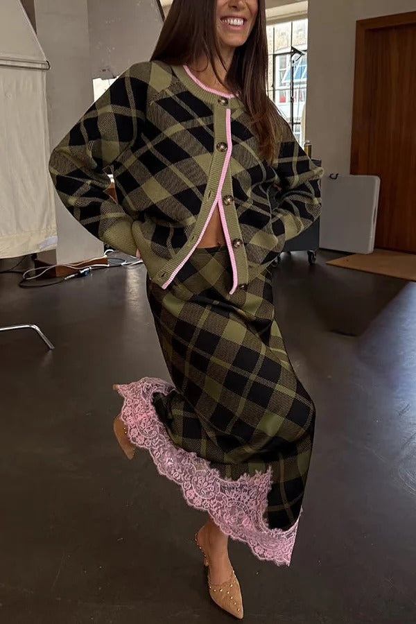 Holiday plaid Satin Unique Print Patchwork Lace Stretch Waist Draped Maxi Skirt