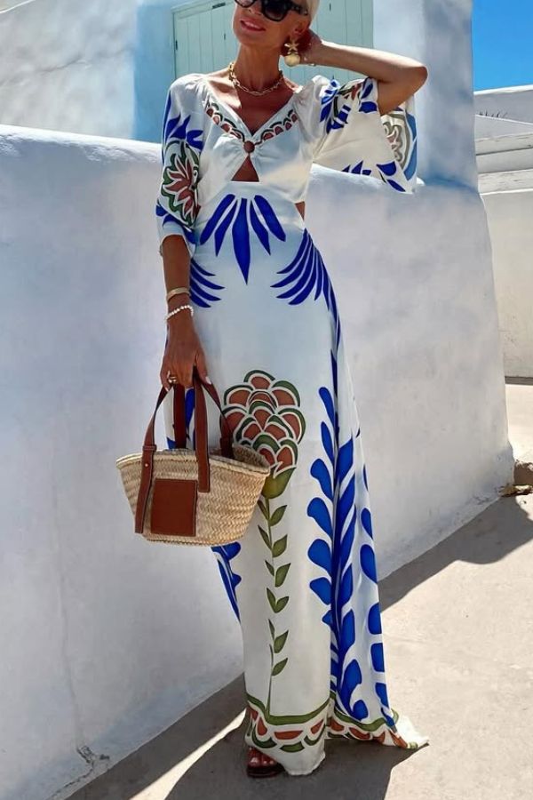 Linen Blend Unique Printed V-Neck Hollow Backless Lace-Up Holiday Maxi Dress