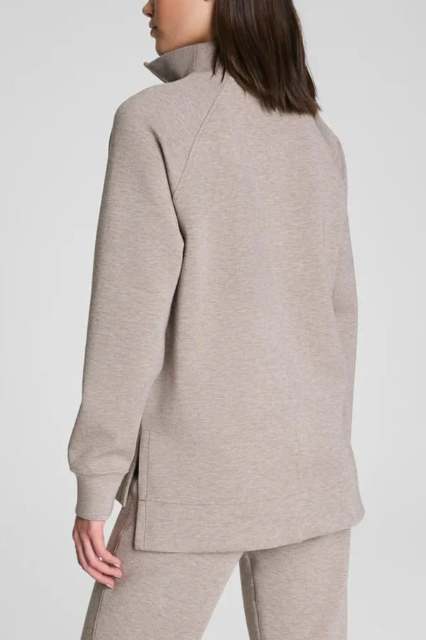 Alfia Ribbed Stand Zipper Neck Long Sleeve Sweatshirt and Button Elastic Waist Pocketed Loose Pants Set
