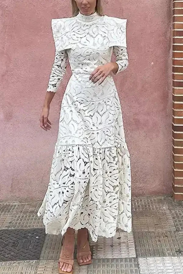 Solid Color Hollow Lace High Neck Long Sleeve Elegant Maxi Dress