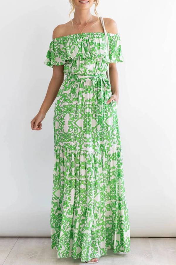 Off-shoulder short-sleeved printed ruffled maxi dress