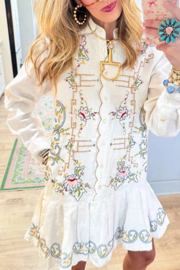 Vintage Floral Embroidered Shirt Mini Dress