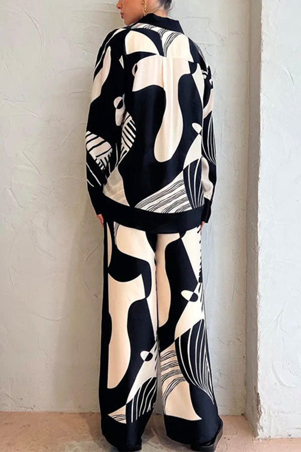 Graphic Printed Long Sleeve Blouse Shirt Wide Leg Pants 2 Pieces Set