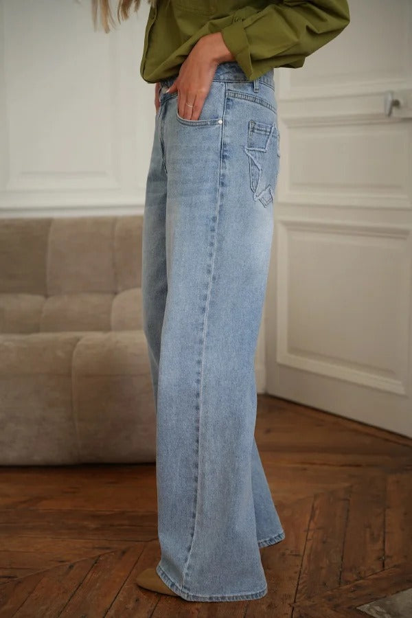 Stylish Denim Colorblock Star Patterned Mid Waist Pocket Wide Leg Jeans