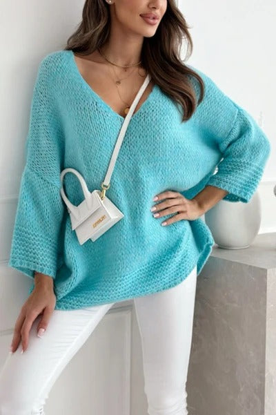 Solid Color Loose V-neck Casual Knitted Sweater