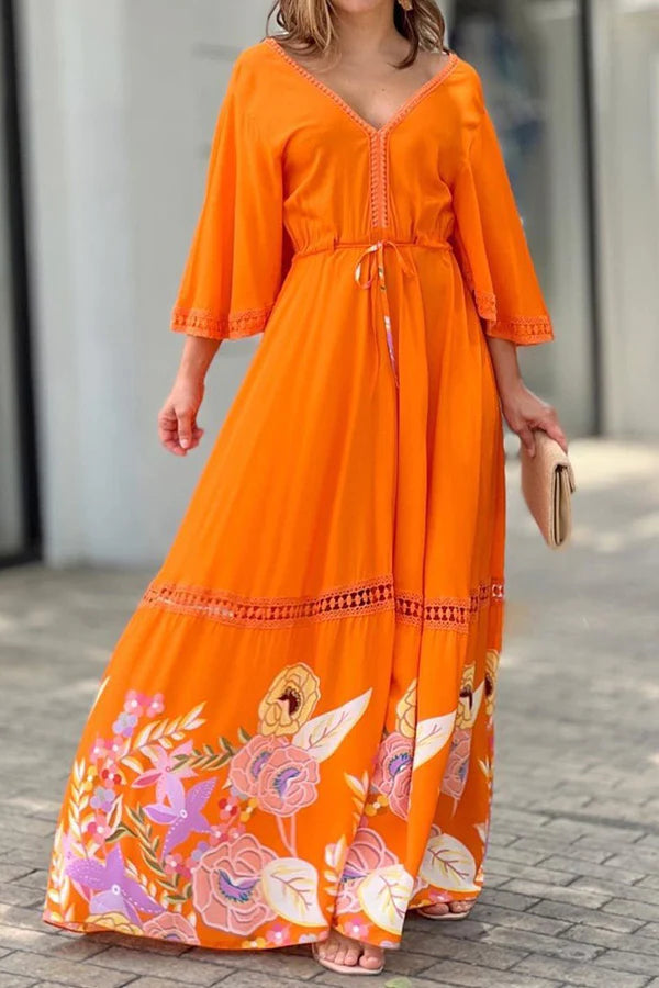 Elegant Unique Printed Lace Patchwork Lace Up Maxi Dress