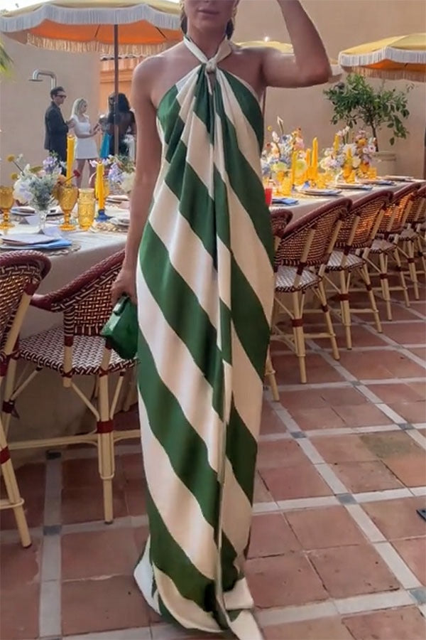 Most Dreamy Stripe Print Halter Tie-up Backless Pocket Loose Maxi Dress