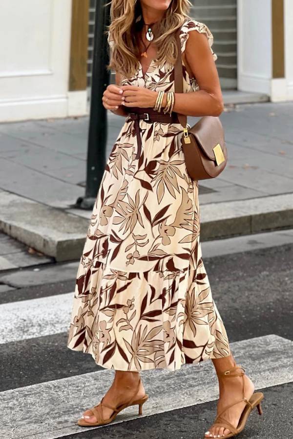 Brown Ruffled V Neck Leaves Print Long Dress