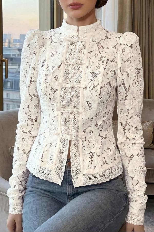 New Chinese Frog Button Stand Collar Lace Blouse
