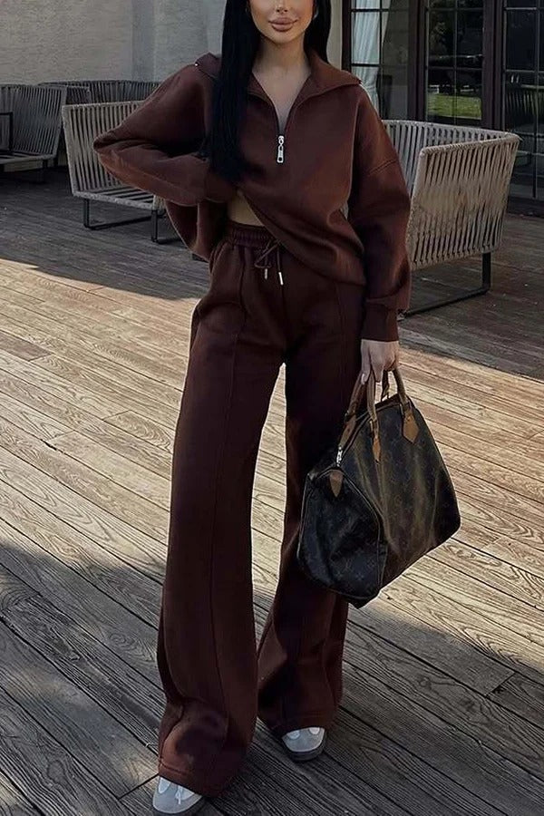 Stylish Half-open Zipper Pullover Sweatshirt and Elastic Waist Wide Leg Pants Set