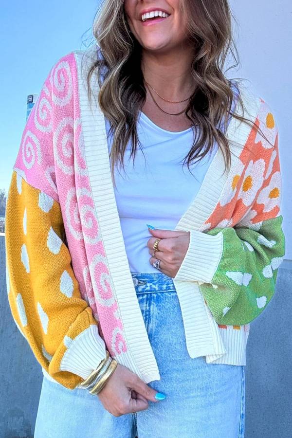 Orange Flower & Dotted Print Colorblock Open Front Cardigan