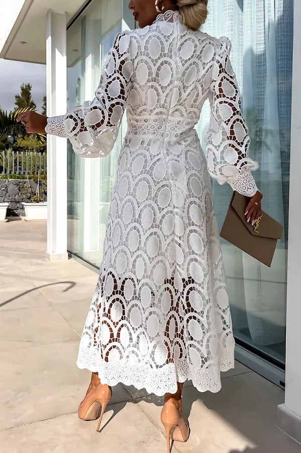 Romantic, Sensual and Elegant Crochet Lace Lantern Sleeve Party Midi Dress