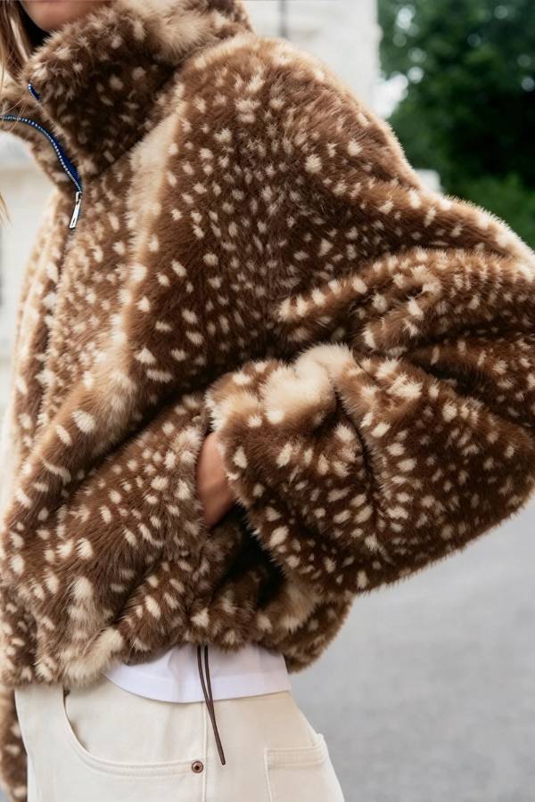 Bambi Print Faux Fur Funnel Neck Zip Long Sleeve Drawstring Hem Jacket