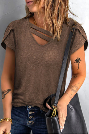 Solid Color Casual Cutout Neck T Shirt