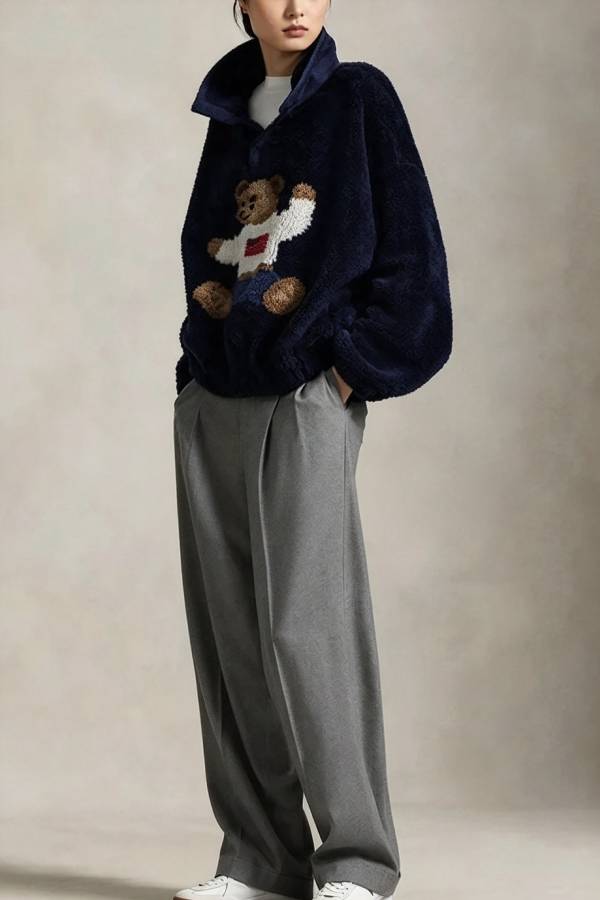 American Retro Polo Bear Pattern Stand Button Neck Long Sleeve Fleece Pullover