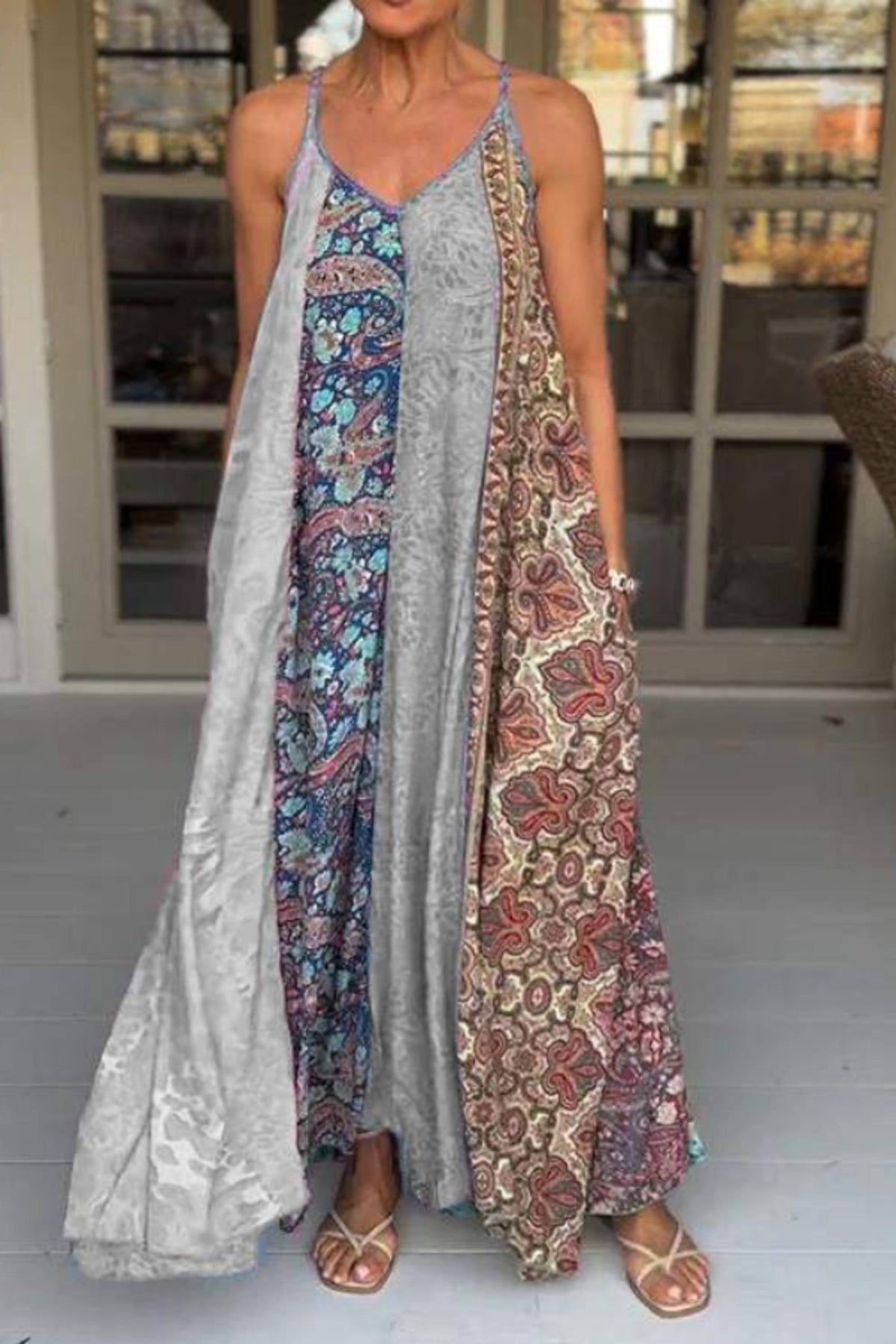 Unique Printed Loose Holiday Strap Big Hem Maxi Dress