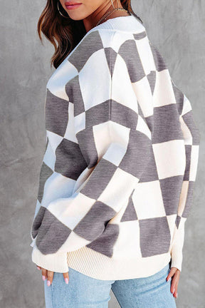 Casual loose checkerboard contrasting V-neck buttoned long-sleeved knitted cardigan