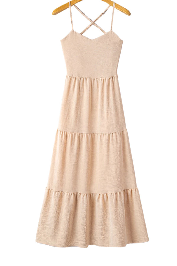 Oatmeal Crossover Backless Bodice Tiered Maxi Dress