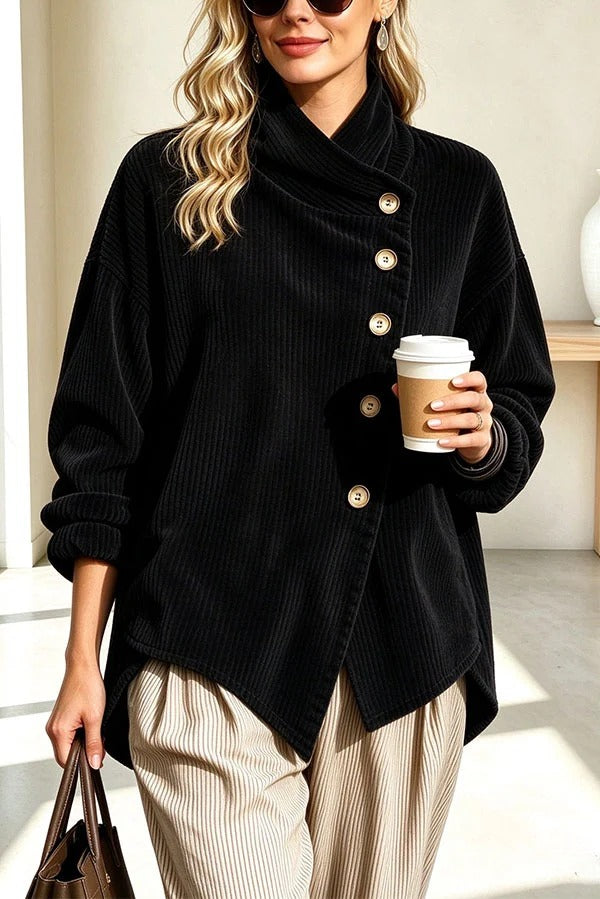 Chic Slanted Button High-Neck Corduroy Outerwear