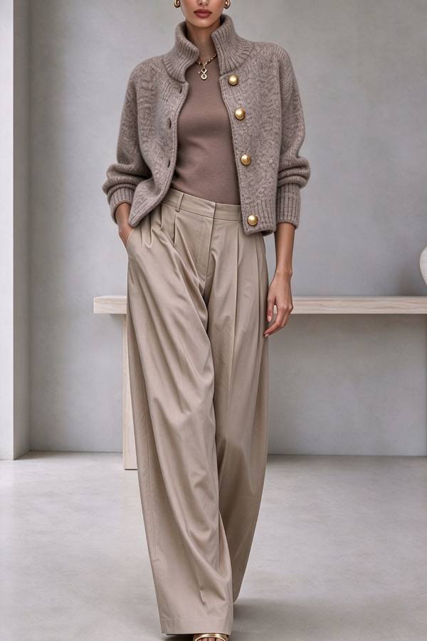 Kylien Knit High Neck Metal Button Long Sleeve Crop Jacket Cardigan