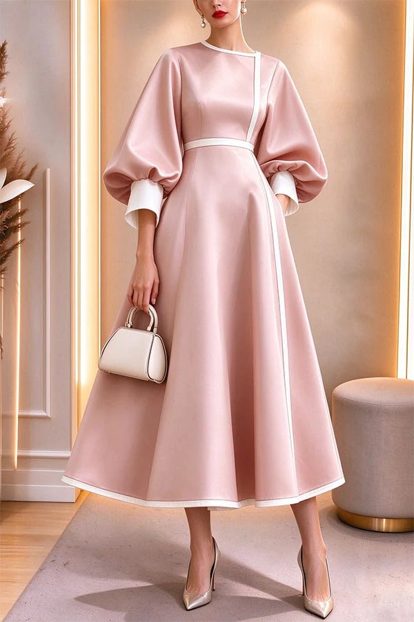 Elegant Color-block Lantern Sleeve Cinched Waist Pocketed Mid Dress