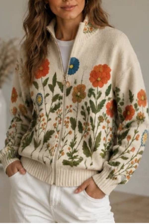 Vintage Floral Print Zip‑Up Collared Knit Cardigan
