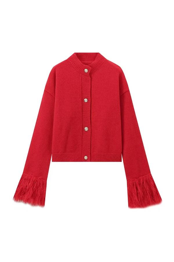 Cropped knitted cardigan with feather cuffs