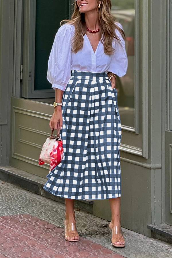 Vintage Gingham High Waist Pleated A Line Midi Skirt