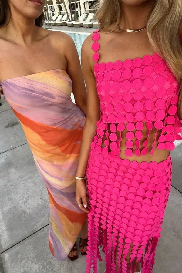 Caitlin See Through Circle Embroidery Square Neck Tassle Hem Slip Tank