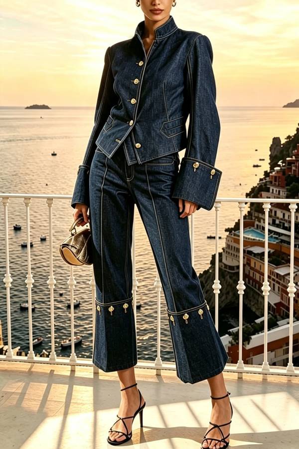 Cowgirl Club Denim Stand Neck Flare Sleeve Metal Buttons Long Sleeve Jacket