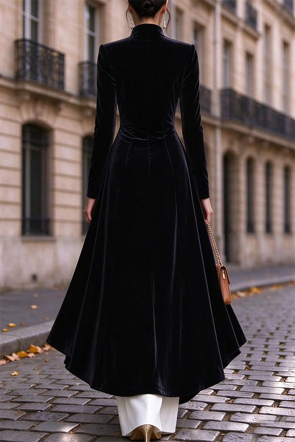Napoleon Style Velvet Stand Neck Button Long Sleeve High Low Hem Midi Coat