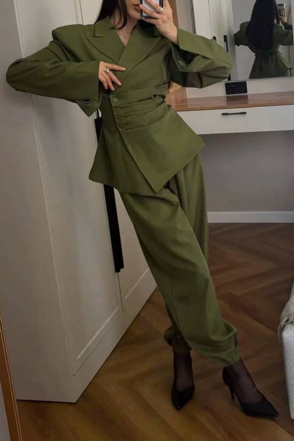 Waist‑Cinched Blazer Set, Structured Blazer & Cuffed Harem Pants Two‑Piece Outfit
