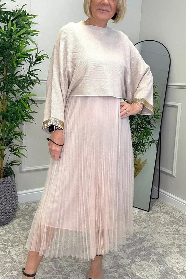 Fenna Ribbed Sequin Trim Batwing Sleeve Sweater and Pleated Tulle Stretch Tank Midi Dress Two-piece Set