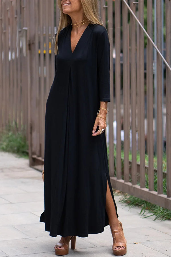 Solid Color V Neck Comfy Dresses