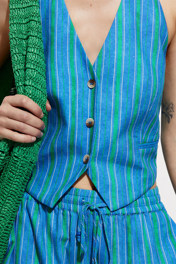 Linen Blend Striped Button Halter Backless Vest and Elastic Waist Pocket Pants Set