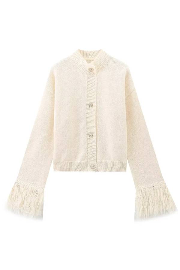 Cropped knitted cardigan with feather cuffs
