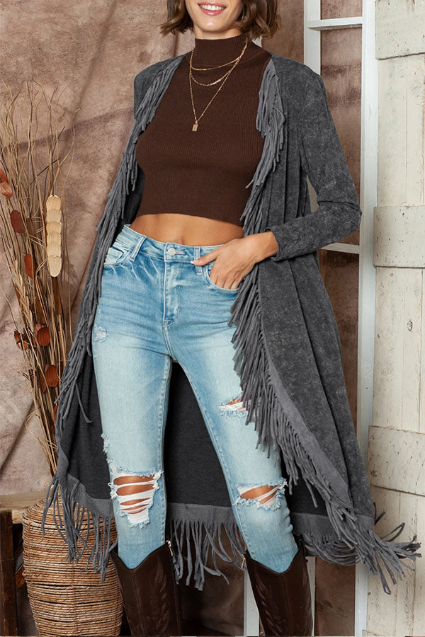 Mineral Washed Tassel Open Front Long Cardigan