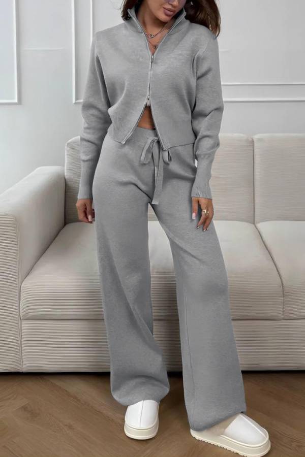 Stand Collar Zip Knit Two Piece Set