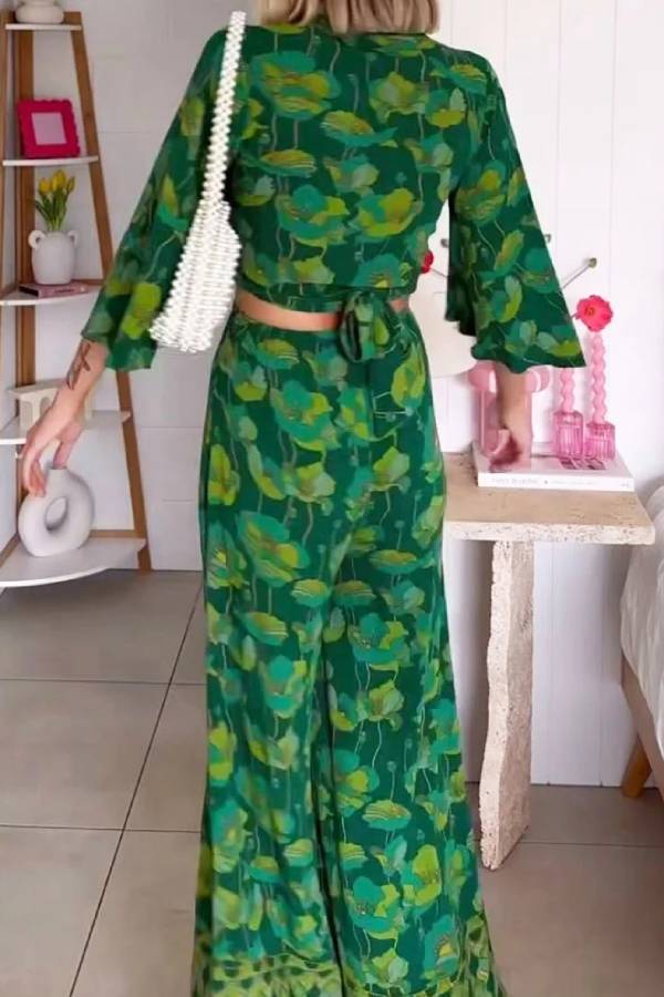 Casual V-Neck Lace-Up Top & Pants Two-Piece Set