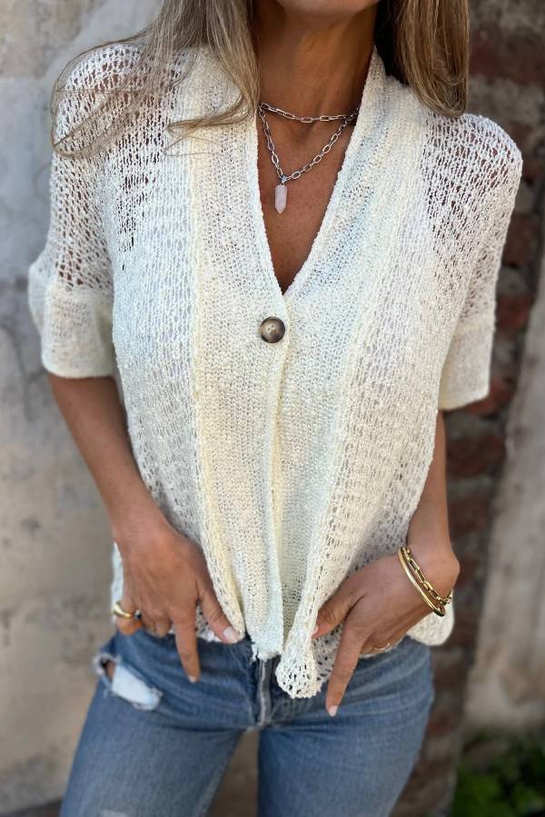V-Neck Single Button Hollow Ruffle Short Sleeve Knit Cardigan