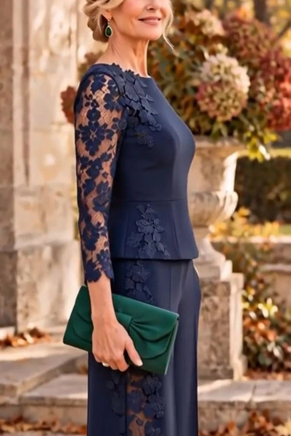 Embroidered Floral Lace Patchwork Flare Hem Top and Elastic Waist Pocket Wide Leg Pants Set