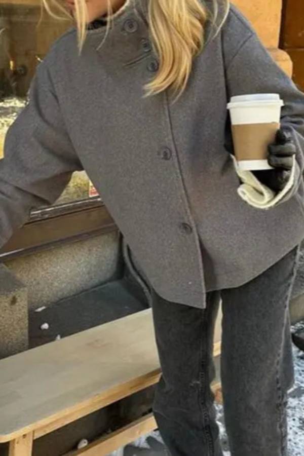 Stand Collar Asymmetric Button Short Wool Coat