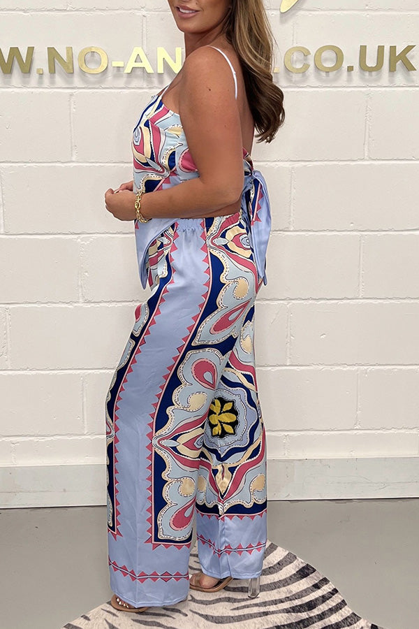 Fashion print suspenders open back tie top + straight pants set