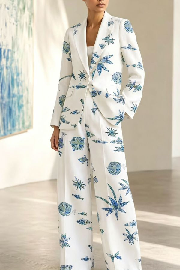 Color‑Block Print Blazer & Wide‑Leg Pants Two‑Piece Suit