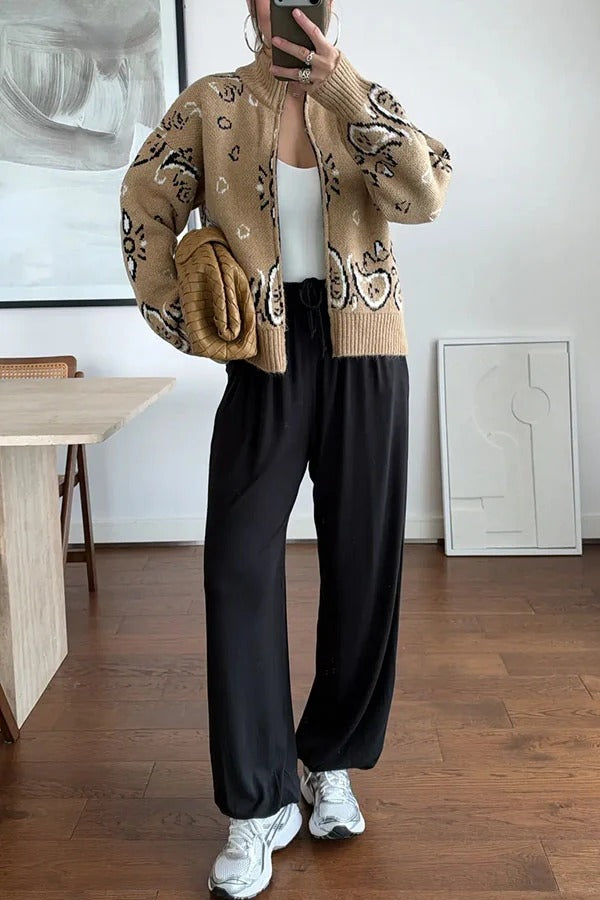 Bandana Knit Printed High Neck Long Sleeve Zipper Relaxed Cardigan