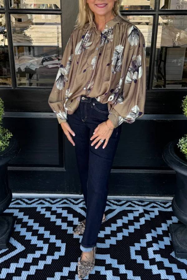 Stand‑Collar Floral Print Puff Sleeve Loose Blouse