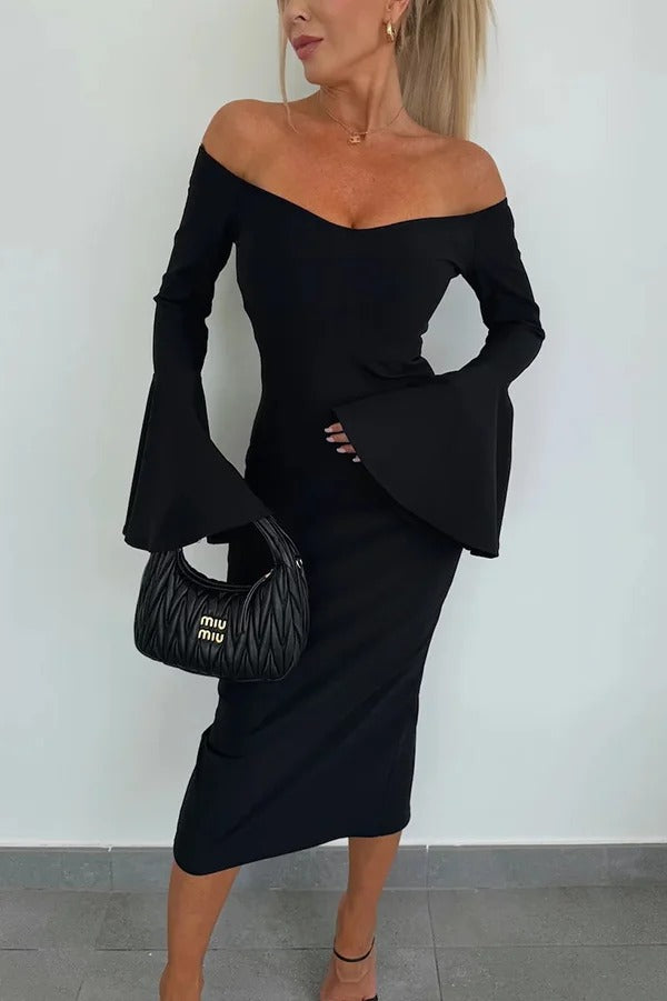 Solid Color Sexy Off-shoulder Trumpet Sleeve Slim Midi Dress