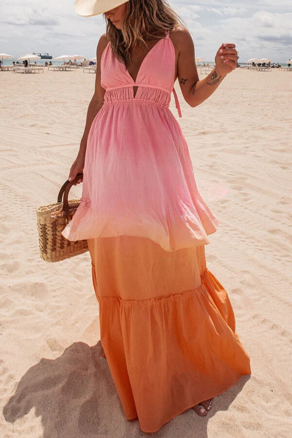 Living for Beach Days Linen Blend Gradient Pocketed Halter Maxi Dress