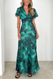 Abstract Print Short Sleeve Belted Wrap Midi Dress