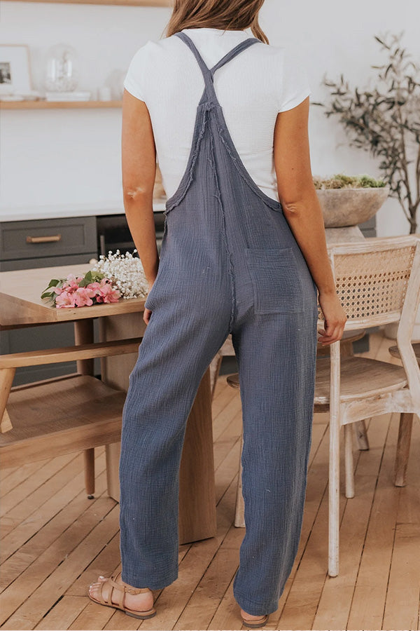 Gray Distressed Trim Crinkle Pocketed Jumpsuit
